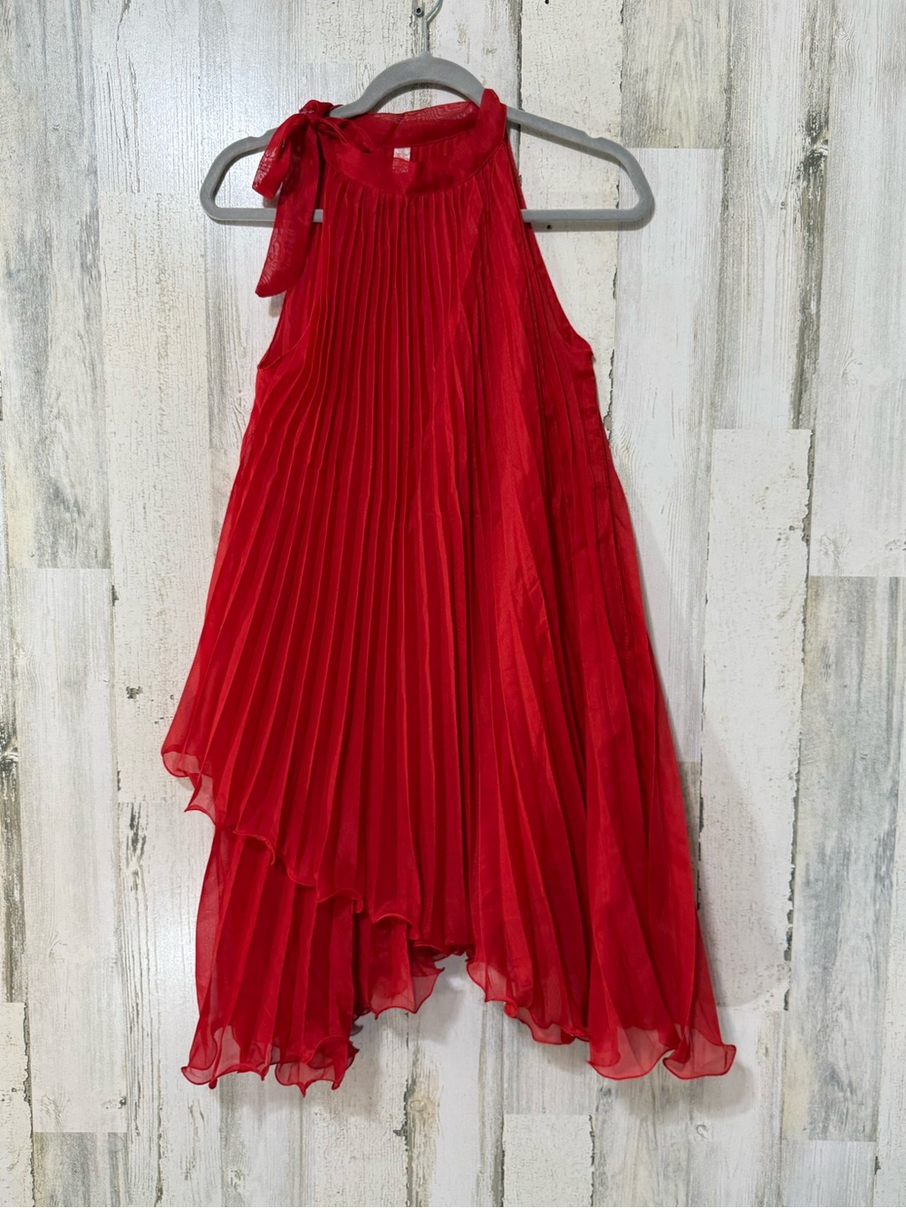 Red Pleated Halter-Style Mini Dress with Neck Tie Cover Up